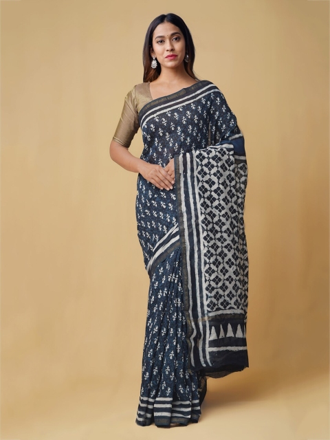 

Unnati Silks Navy Blue & White Silk Cotton Dabu Printed Chanderi Saree