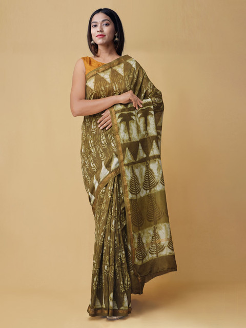 

Unnati Silks Green Dabu Printed Pure Chanderi Sico Sustainable Saree