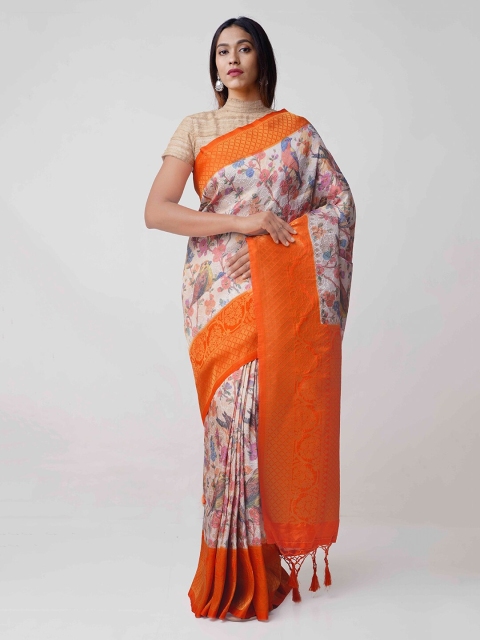 

Unnati Silks Cream-Coloured & Orange Silk Cotton Woven Design Banarasi Handloom Saree