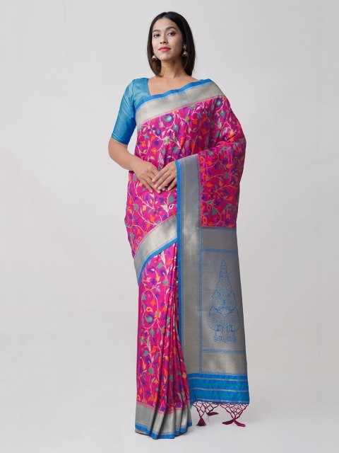 

Unnati Silks Pink & Blue Silk Cotton Pure Sunderban Banarasi Saree