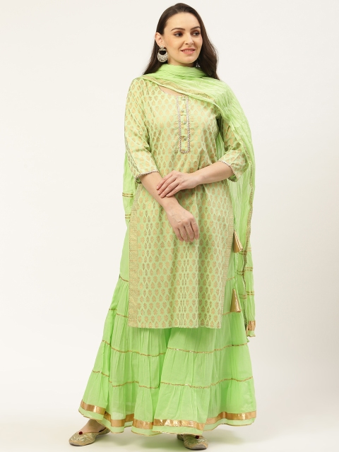 

Laabha Women Green & Golden Ethnic Motifs Print Kurta with Sharara & Dupatta