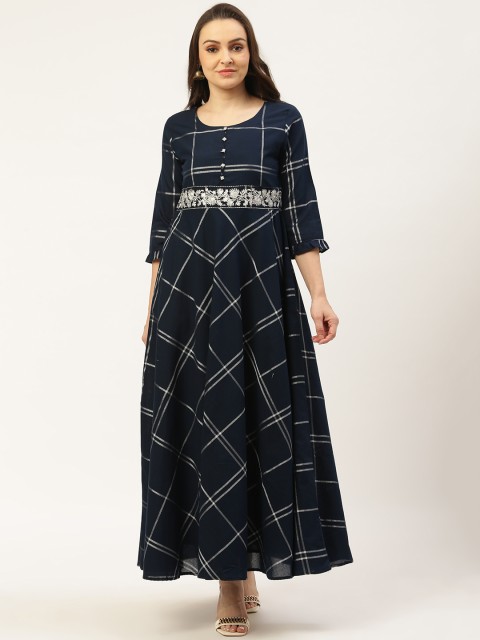 

Laabha Women Navy Blue & Silver Checked Maxi Dress