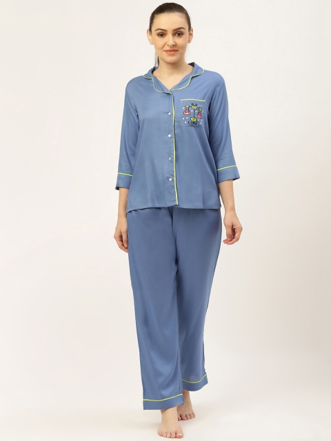 

Laabha Women Blue Libra Embroidered Detail Night Suit