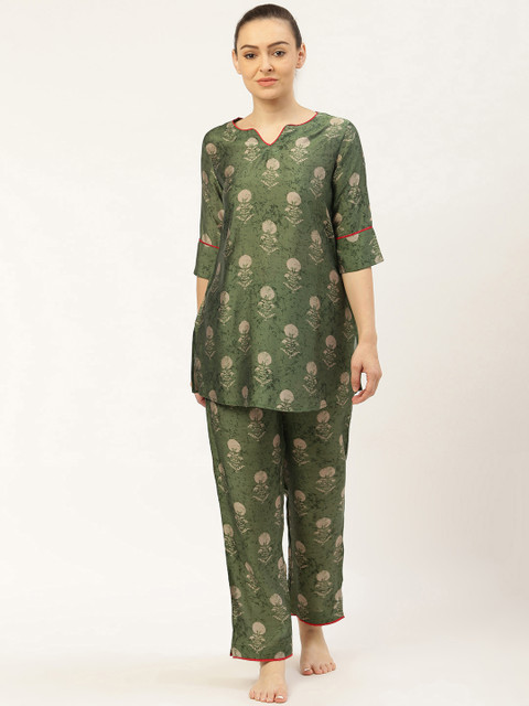 

Laabha Women Green & Grey Floral Printed Night suit