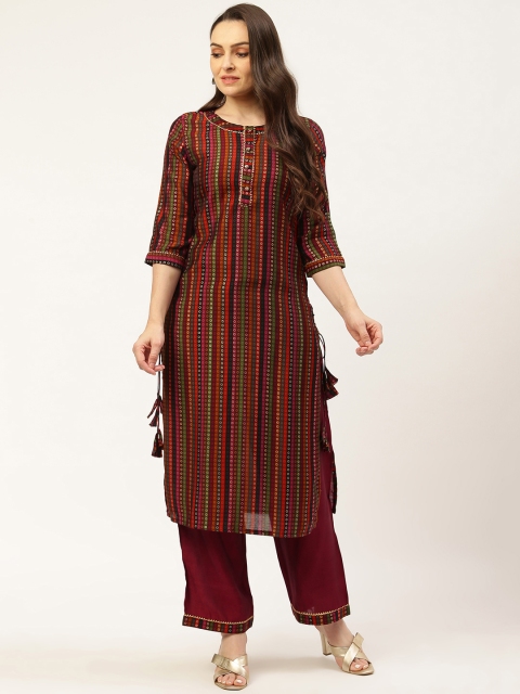 

Laabha Women Maroon & Golden Striped Kurta with Solid Palazzos