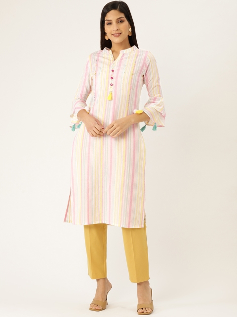 

Laabha Women White & Pink Striped Straight Kurta