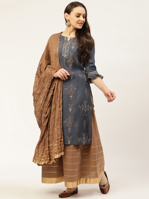 

Laabha Women Navy Blue & Brown Ethnic Motifs Print Kurta with Palazzos & Dupatta