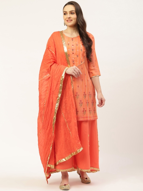 

Laabha Women Orange & Red Floral Embroidered Yoke Design Kurta with Palazzos & Dupatta