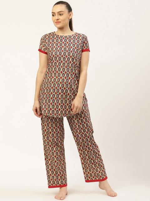 

Laabha Women Beige & Navy Blue Ethnic Printed Night suit