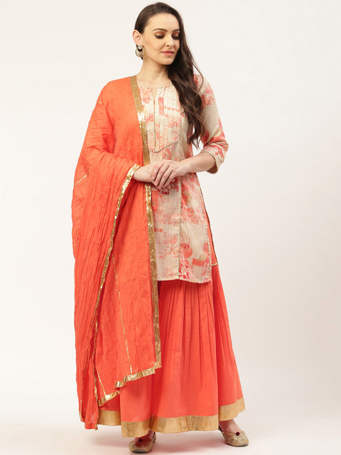 

Laabha Women Beige & Coral Orange Printed Kurta with Sharara & Dupatta