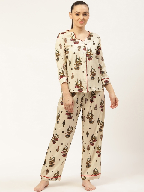 

Laabha Women Off-White & Green Floral Printed Night Suit