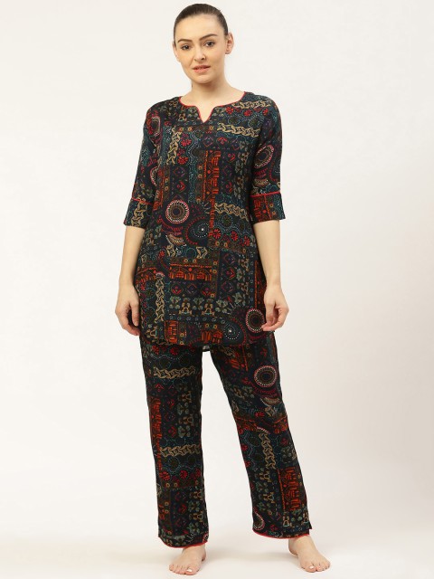 

Laabha Women Navy Blue & Red Ethnic Printed Night suit