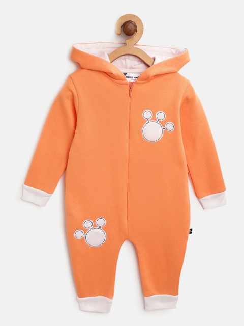 

Moms Love Boys Coral Orange Hooded Rompers With Applique Detail