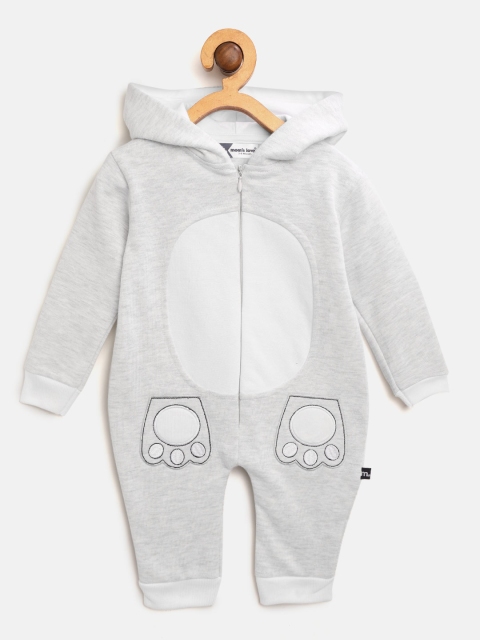 

Moms Love Boys Grey Melange & White Colourblocked Hooded Rompers