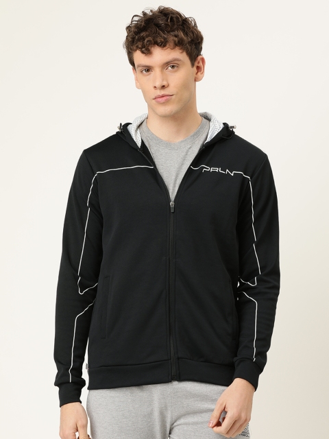 

Proline Active Men Black Solid Hooded Sweatshirt with Printed Detailing