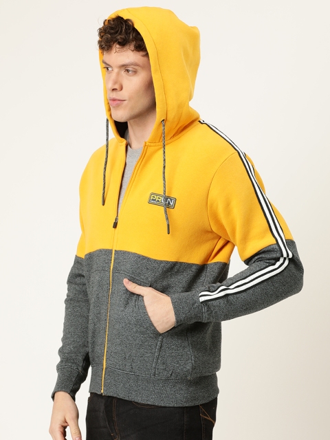 

Proline Active Men Grey & Yellow Colourblocked Hooded Front-Open Sweatshirt