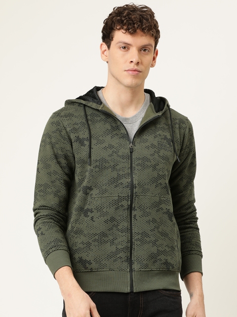 

Proline Active Men Olive Green & Black Printed Hooded Front-Open Sweatshirt