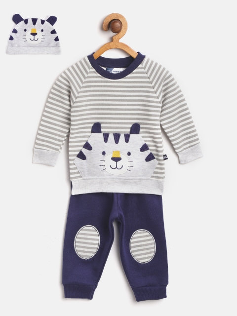 

Moms Love Boys Grey & Navy Blue Pure Cotton Striped Sweatshirt with Joggers & Beanie