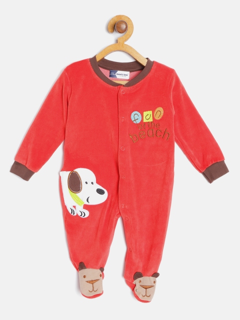 

Moms Love Infant Boys Red Pure Cotton Velvet Finish Applique Detail Sleepsuit