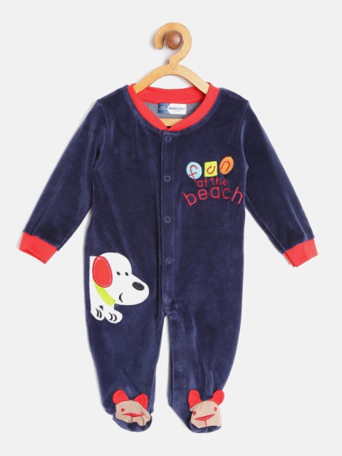 

Moms Love Infant Boys Navy Blue Pure Cotton Velvet Finish Applique Detail Sleepsuit