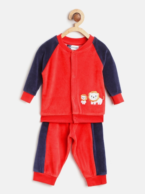 

Moms Love Boys Red & Navy Blue Solid Pure Cotton Velvet Finish Co-Ords Set