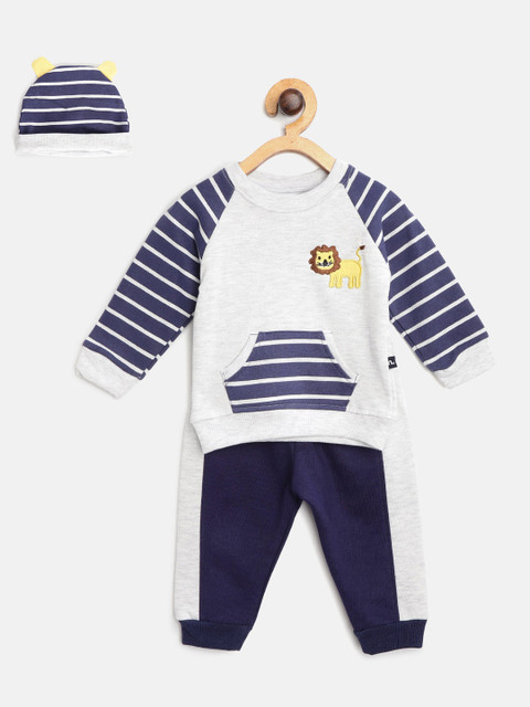 

Moms Love Boys Grey Melange & Navy Blue Pure Cotton Solid Sweatshirt with Joggers & Beanie