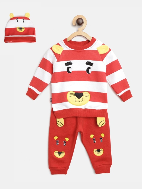 

Moms Love Boys Red & White Pure Cotton Striped Sweatshirt with Joggers & Beanie