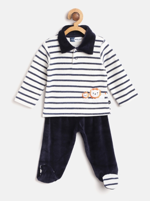 

Moms Love Boys White & Navy Blue Striped Pure Cotton Velvet Finish Co-ords