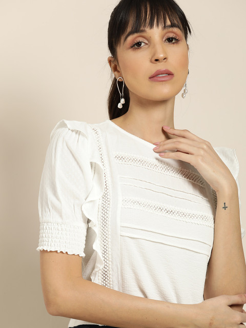 

Moda Rapido Women White Solid Pure Cotton Top with Ruffle Detail