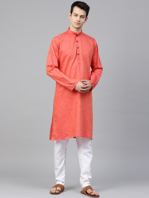 

MANQ Men Peach-Coloured & White Solid Kurta with Pyjamas