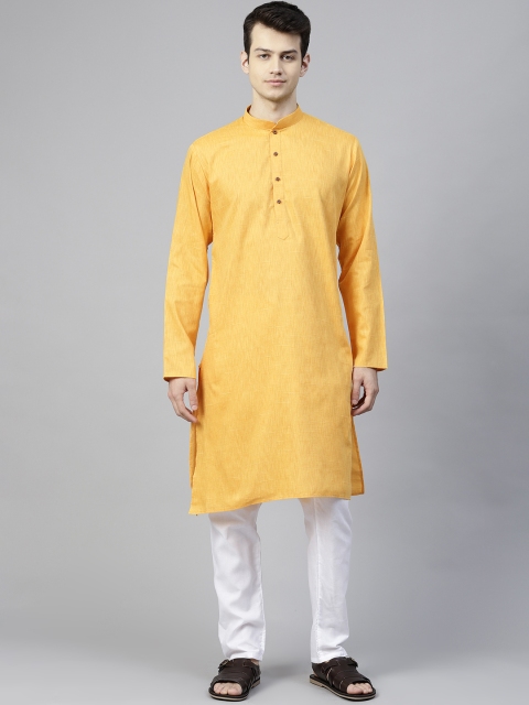 

MANQ Men Yellow & White Self Striped Kurta with Pyjamas