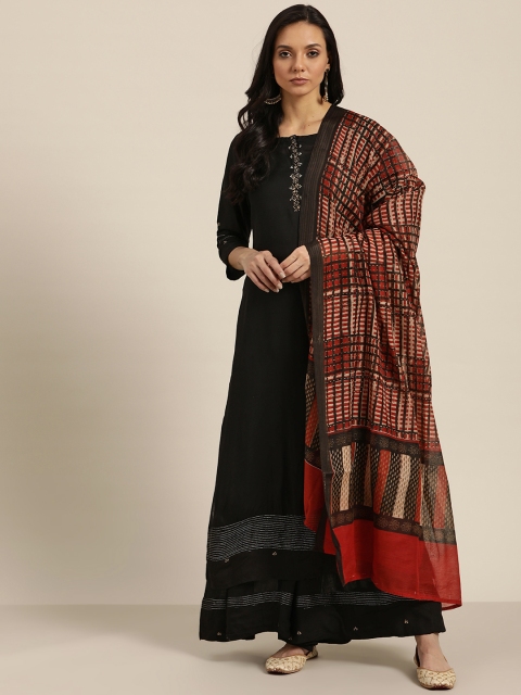 

Moda Rapido Women Black & Rust Orange Printed Detail Kurta with Palazzos & Dupatta