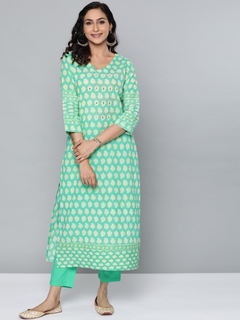 

HERE&NOW Women Sea Green & Off-White Printed Kurta with Trousers