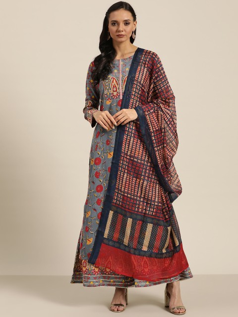 

Moda Rapido Women Grey & Red Ethnic Motifs Print Kurta with Palazzos & Dupatta