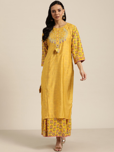 

Moda Rapido Women Mustard Yellow & Golden Ethnic Motifs Embroidered Layered A-Line Dress