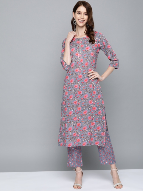 

HERE&NOW Women Grey & Pink Floral Print Kurta with Trousers