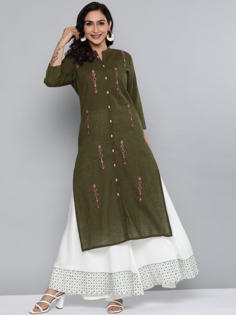 

HERE&NOW Women Green & White Embroidered Kurta with Palazzos