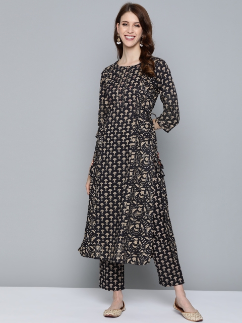 

HERE&NOW Women Black & Beige Printed Kurta with Trousers