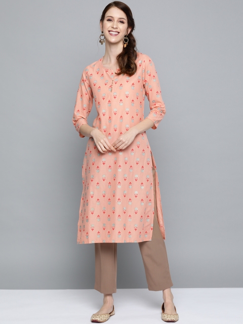 

HERE&NOW Women Peach-Coloured & Beige Floral Print Straight Kurta