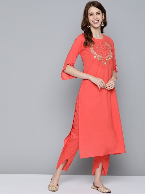 

HERE&NOW Women Coral Orange & Silver Yoke Design Kurta with Trousers