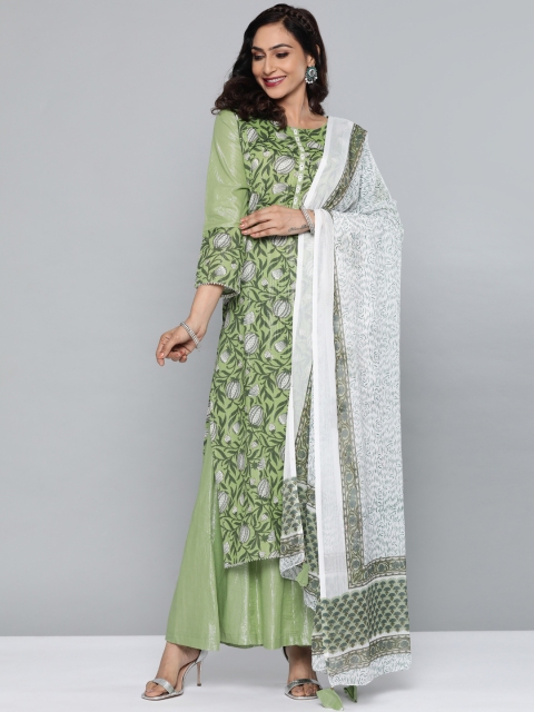 

HERE&NOW Women Green & White Printed Kurta with Palazzos & Dupatta