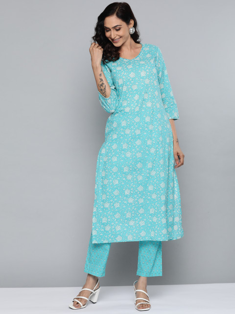 

HERE&NOW Women Turquoise Blue & White Printed Kurta with Palazzos