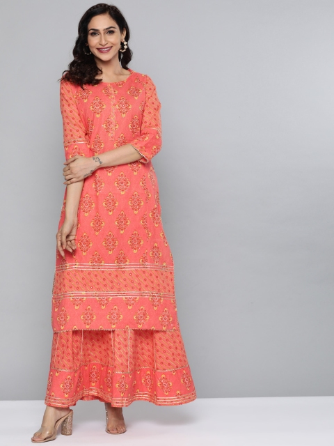 

HERE&NOW Women Coral Orange & Yellow Printed Kurta with Palazzos