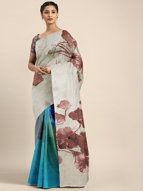 

Neerus Blue & Off-White Poly Crepe Floral Printed Half and Half Saree