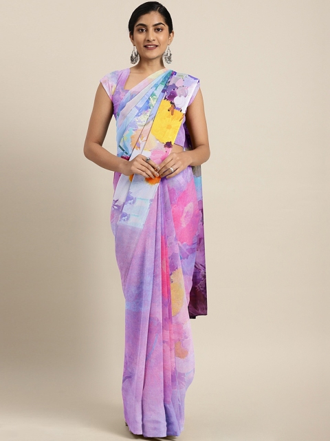 

Neerus Purple Floral Printed Poly Crepe Saree