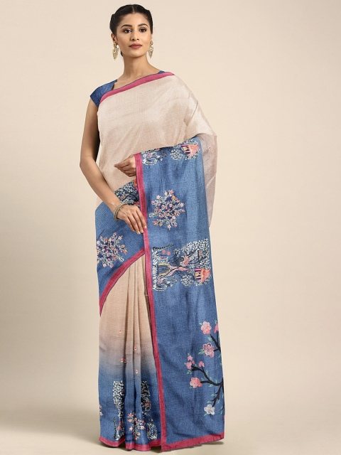 

Neerus Beige & Blue Poly Silk Printed Saree