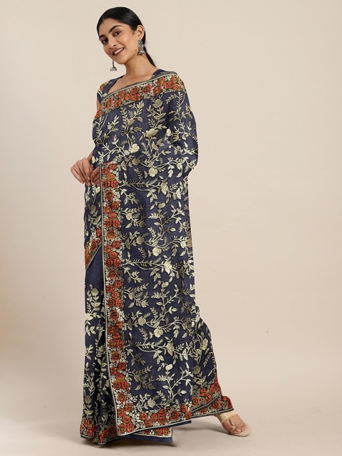 

Neerus Navy Blue & Gold-Toned Silk Cotton Woven Design Saree