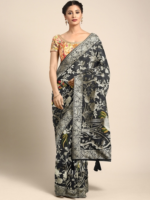 

Neerus Black Floral Woven Design Silk Cotton Saree