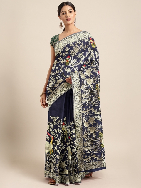 

Neerus Navy Blue & Gold-Coloured Silk Cotton Printed Saree