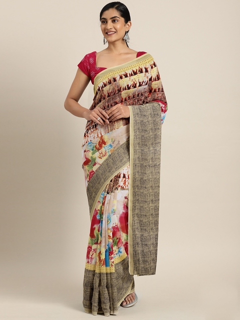 

Neerus Beige & Red Poly Georgette Printed Saree